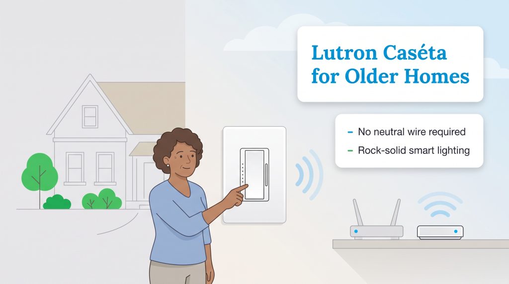 Illustration of a woman using a Lutron Caseta smart dimmer connected to a wireless hub.