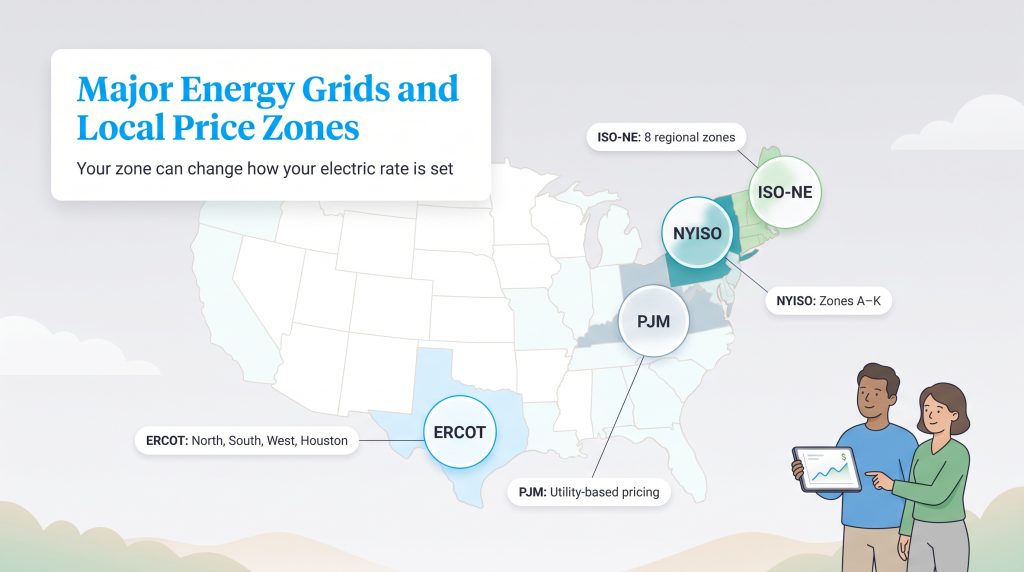 Map of US energy grids highlighting ERCOT, PJM, NYISO, and ISO-NE price zones.