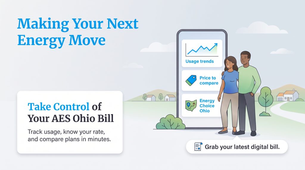 A couple standing next to a smartphone showing AES Ohio energy usage trends and rates.