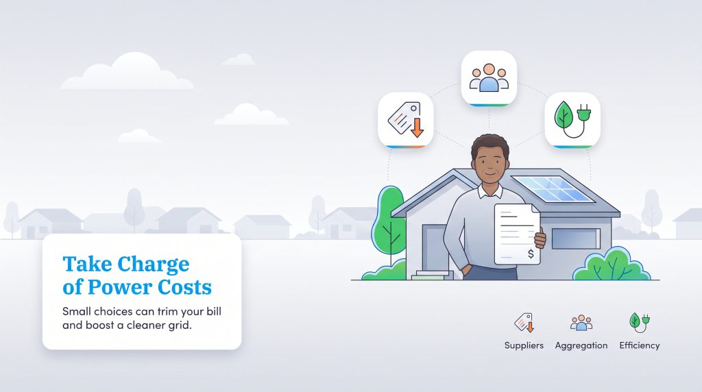 A man holds an electric bill, surrounded by icons for suppliers, aggregation, and energy efficiency.