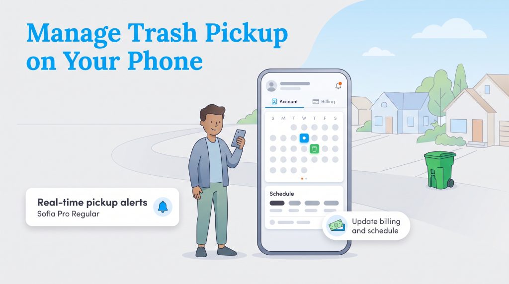 An illustration of a man managing trash pickup, billing, and schedules on a smartphone app.
