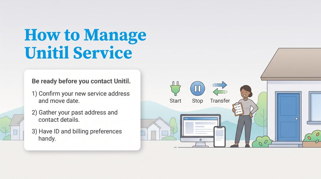 Infographic checklist for preparing to start, stop, or transfer Unitil utility service.