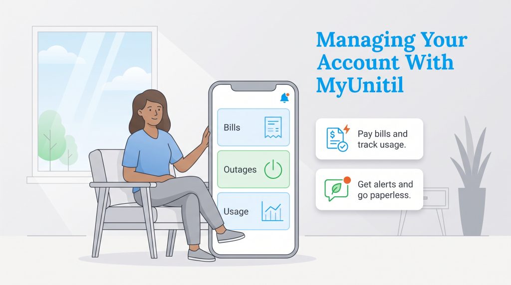 Woman using a smartphone app to manage her utility account, with options for billing, outages, and usage.