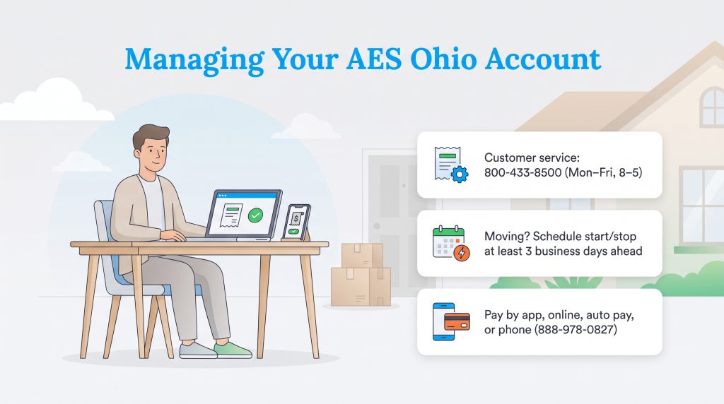 A man sits at a desk managing his AES Ohio utility account online, next to moving boxes