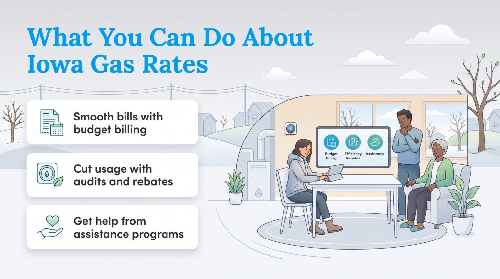 Infographic showing three ways to manage Iowa gas rates: budget billing, audits, and assistance.