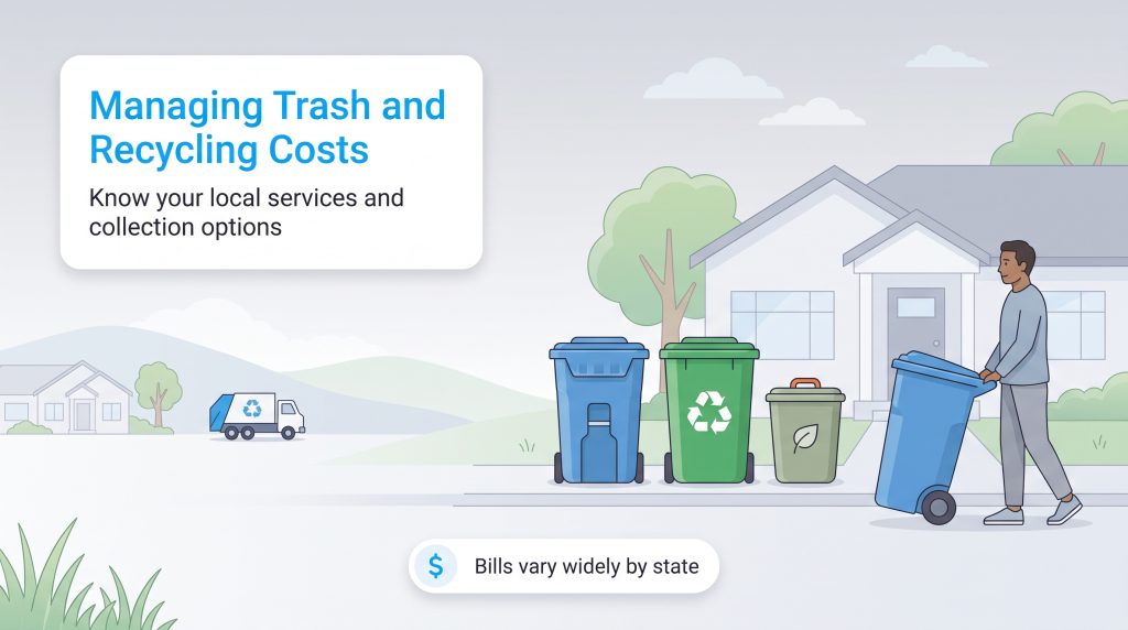 An illustration of a man wheeling a trash bin to the curb with various recycling bins nearby.