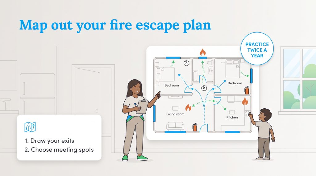 Person showing fire escape routes on a house floor plan to a child, with steps to draw exits and choose meeting spots.
