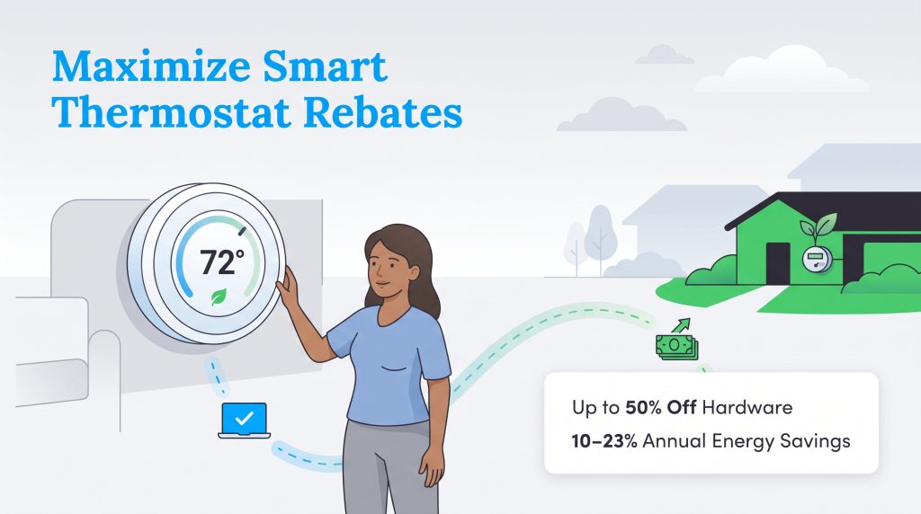 An infographic showing a woman adjusting a smart thermostat, connecting to rebates and energy savings for a home.