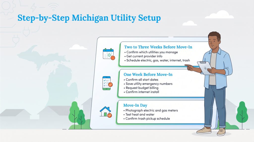 An infographic illustrating a timeline for setting up utilities in Michigan.