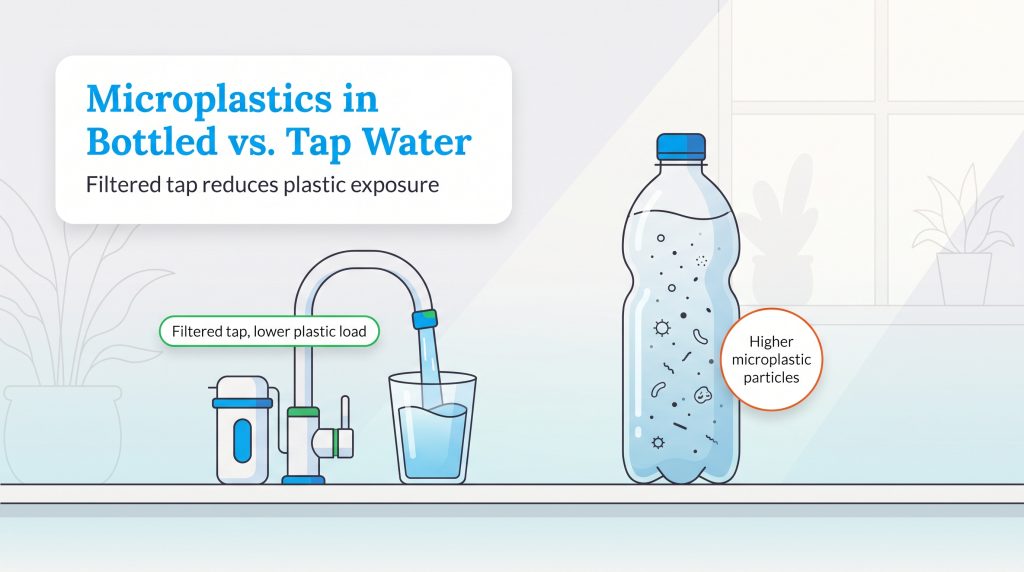 Graphic comparing low plastic in filtered tap water and higher microplastics in bottled water.