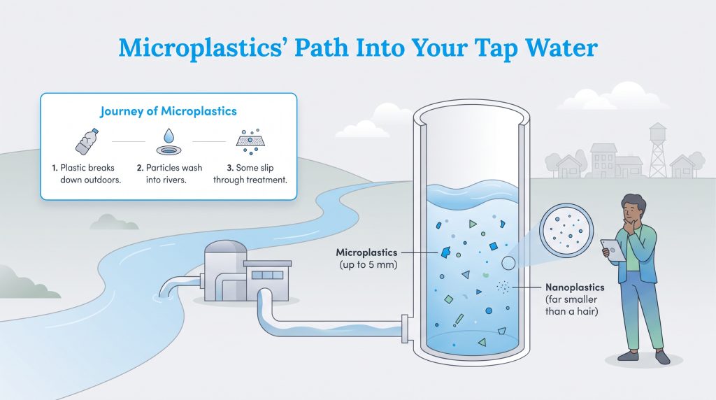 Diagram showing how plastic breaks down outdoors, enters rivers, and bypasses water treatment