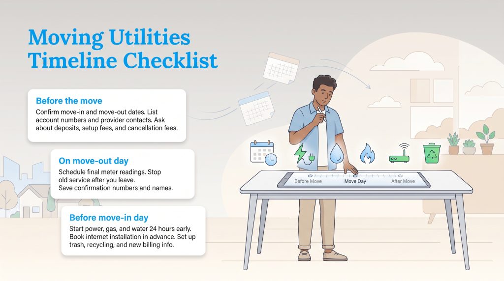 Illustration of a man planning a utility timeline with checklists for before and after a move.