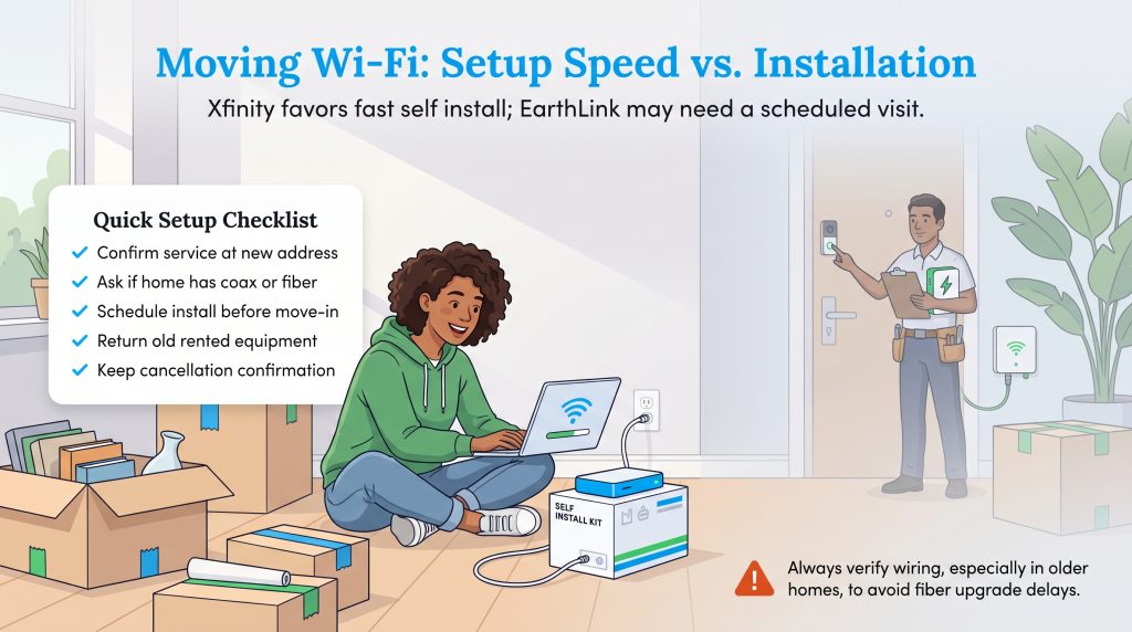 Illustration comparing Xfinity self-install with EarthLink professional installation during a move.
