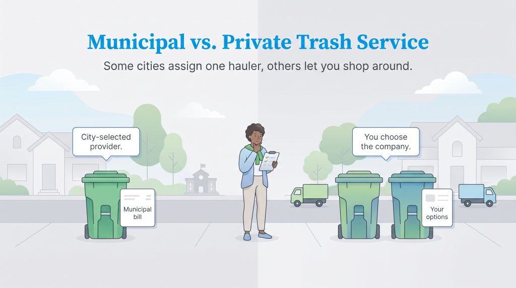 An illustration comparing city-selected municipal trash service versus private open-market options.