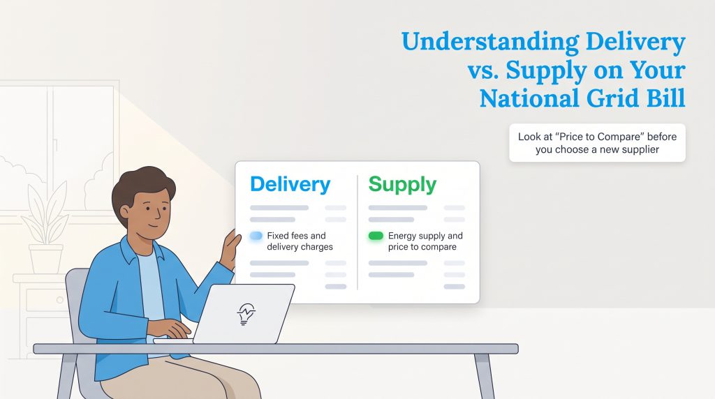 An illustration of a person comparing delivery and supply charges on a National Grid bill