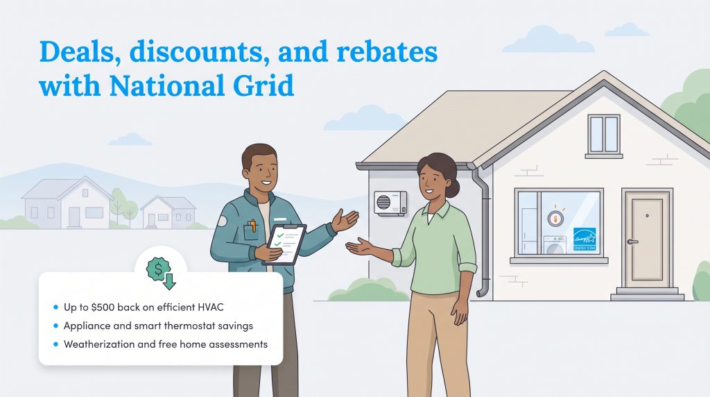 A technician discusses energy efficiency upgrades with a homeowner in front of her house.
