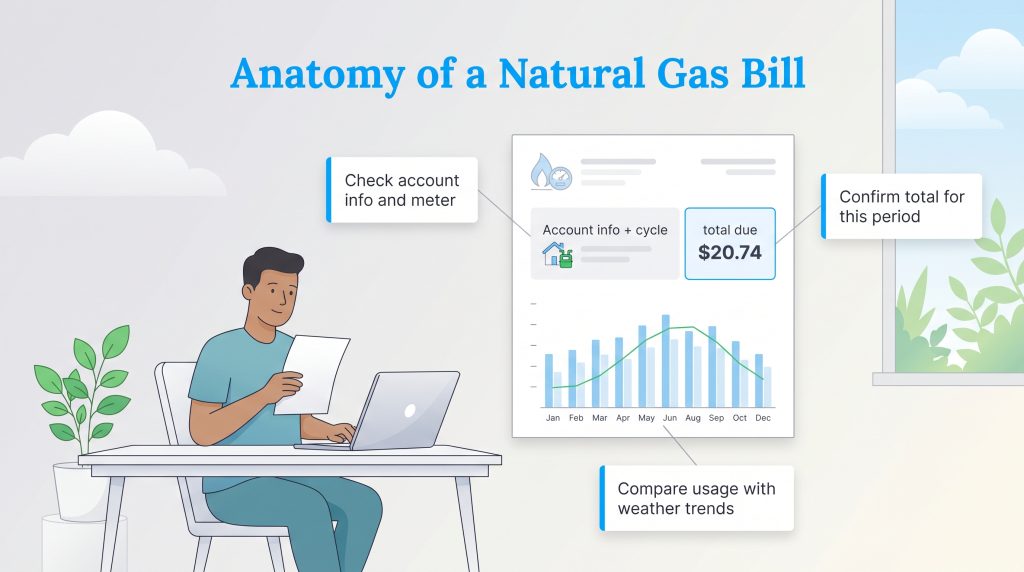 Illustration showing the key sections of a natural gas bill to review for accuracy.