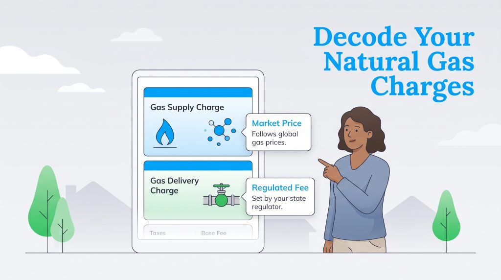 Illustration explaining how natural gas bills split into supply and delivery charges.