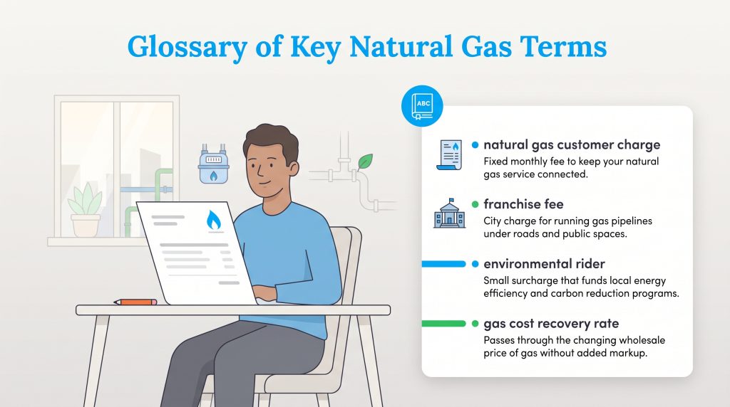 Infographic explaining common natural gas utility bill terms to help understand monthly costs.