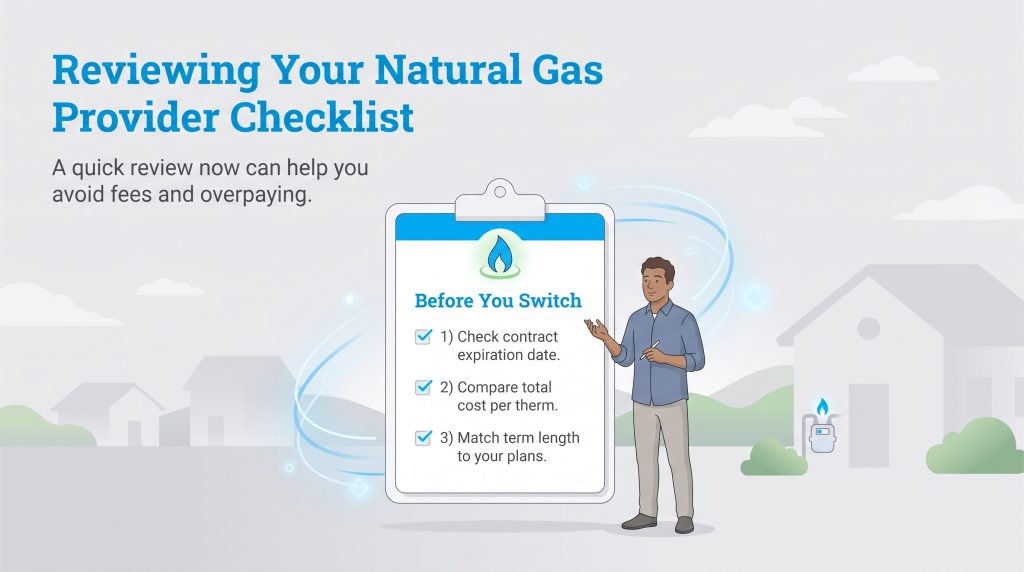 Infographic showing a three-step checklist for switching natural gas providers.
