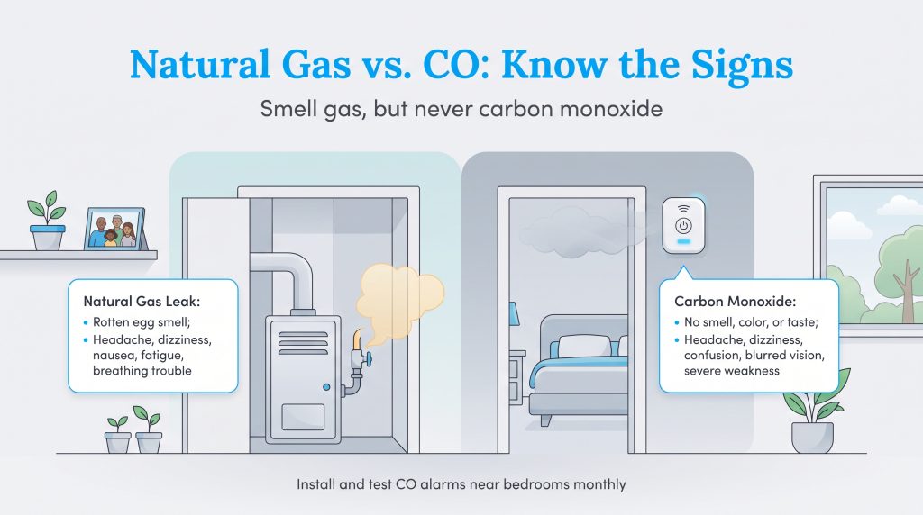 Comparison of natural gas leak and carbon monoxide detection and symptoms