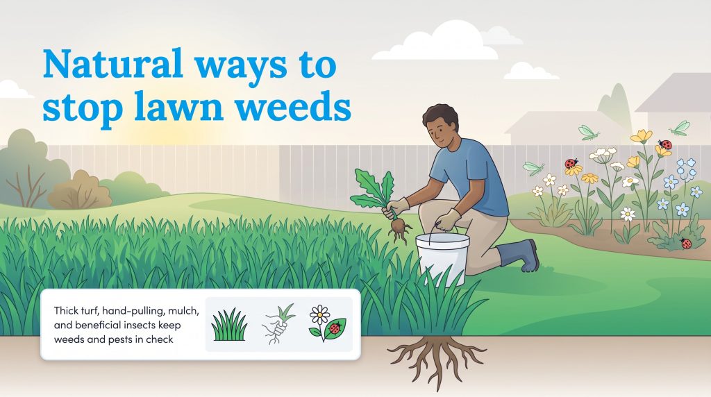 A man hand-pulling weeds in a lawn with a diagram showing natural weed and pest control methods.