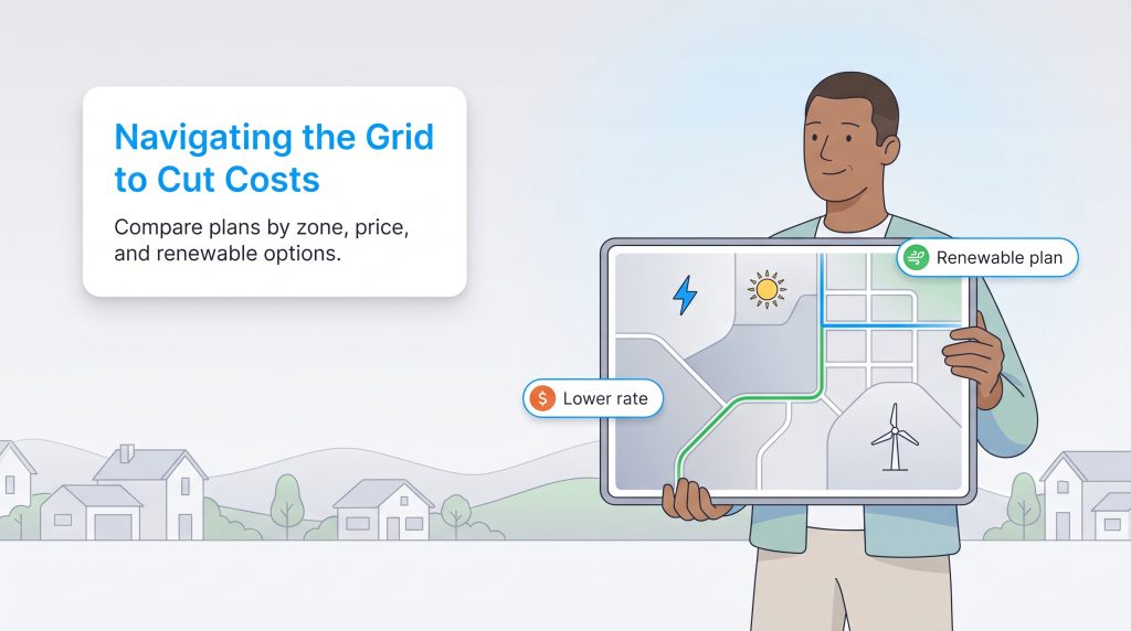 Man holding a tablet showing a grid map with energy costs and renewable options