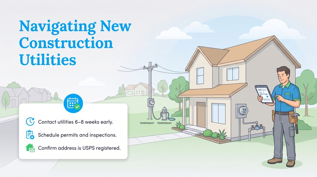 Illustration showing key steps to set up utilities for a newly constructed home