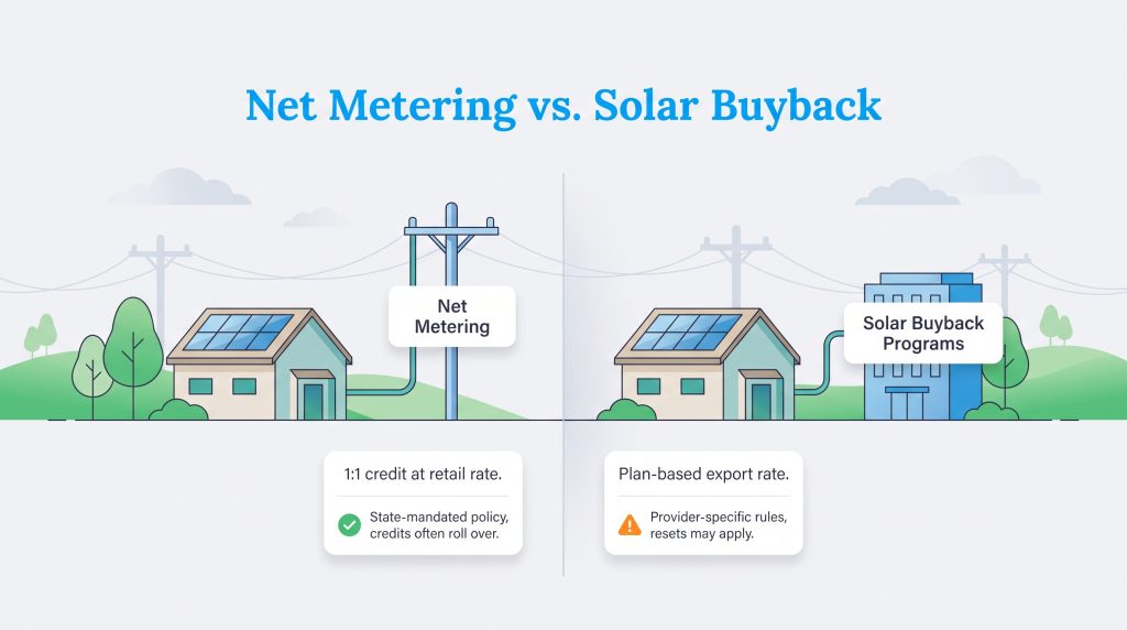 Illustration comparing net metering 1:1 credit with solar buyback plan-based export rates