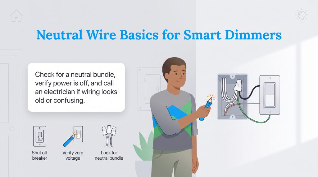 Illustration showing steps to safely check for a neutral wire bundle for a smart dimmer.