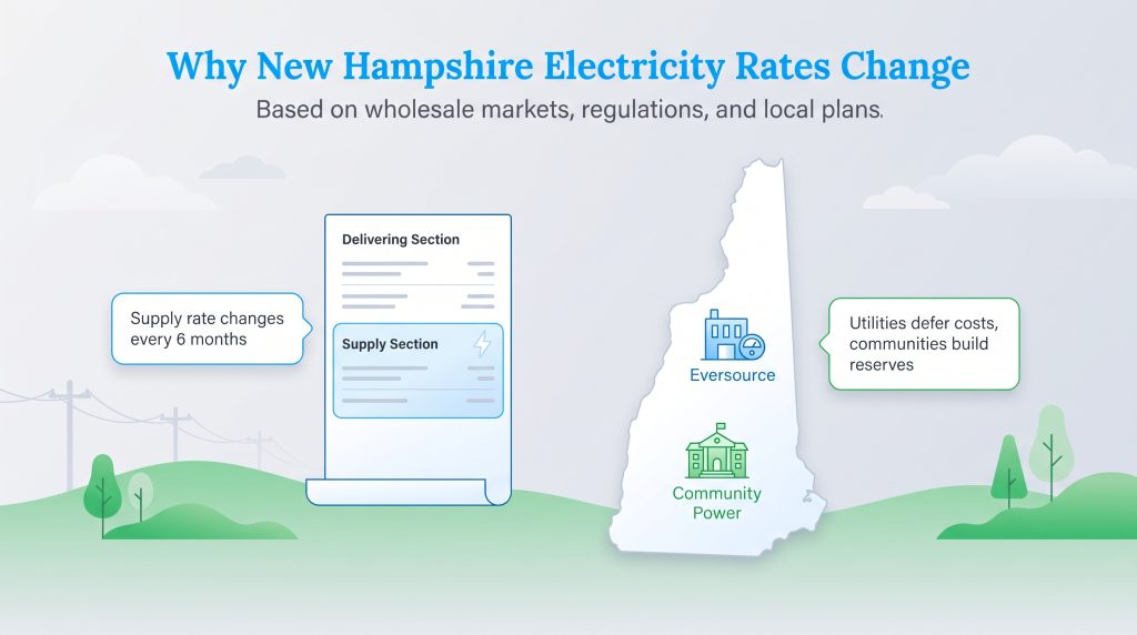 Illustration showing New Hampshire electricity bill supply charges and regional energy strategies