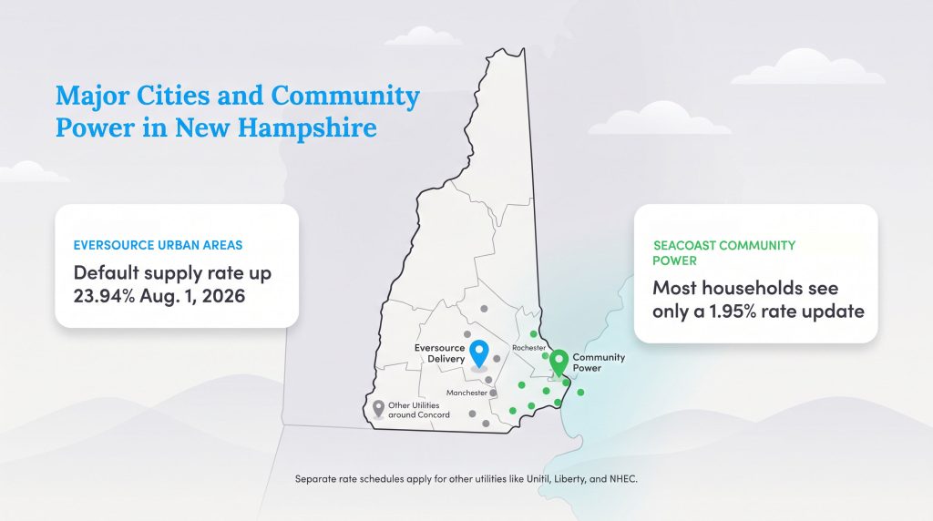 Map of New Hampshire showing Eversource urban area and Seacoast community power rate updates