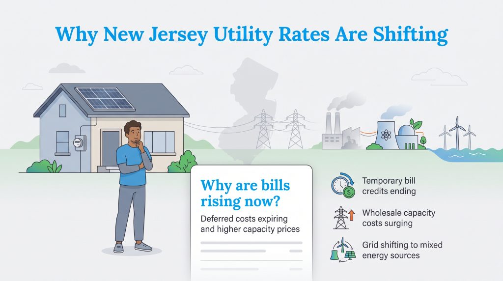 Graphic explaining New Jersey utility rate shifts due to expiring credits and rising costs.