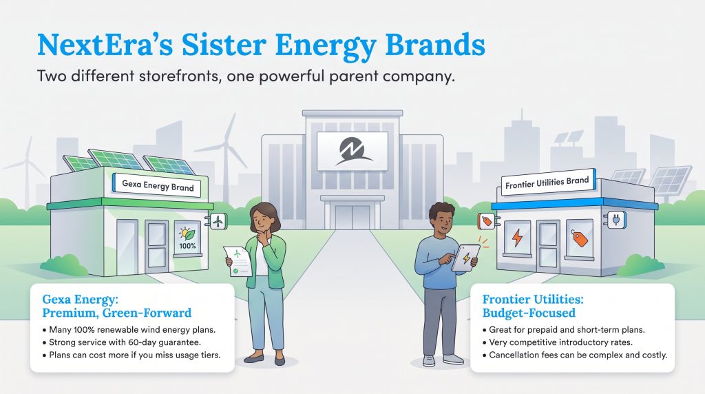 Illustration showing Gexa Energy and Frontier Utilities as storefronts of NextEra Energy
