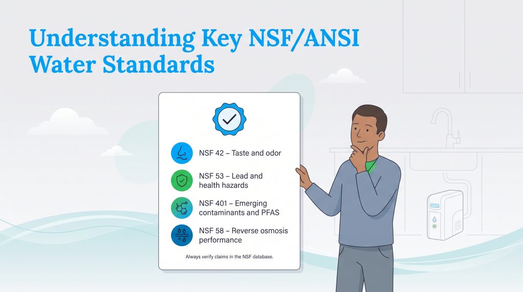 Guide to NSF ANSI water standards for taste, lead, PFAS, and reverse osmosis performance.
