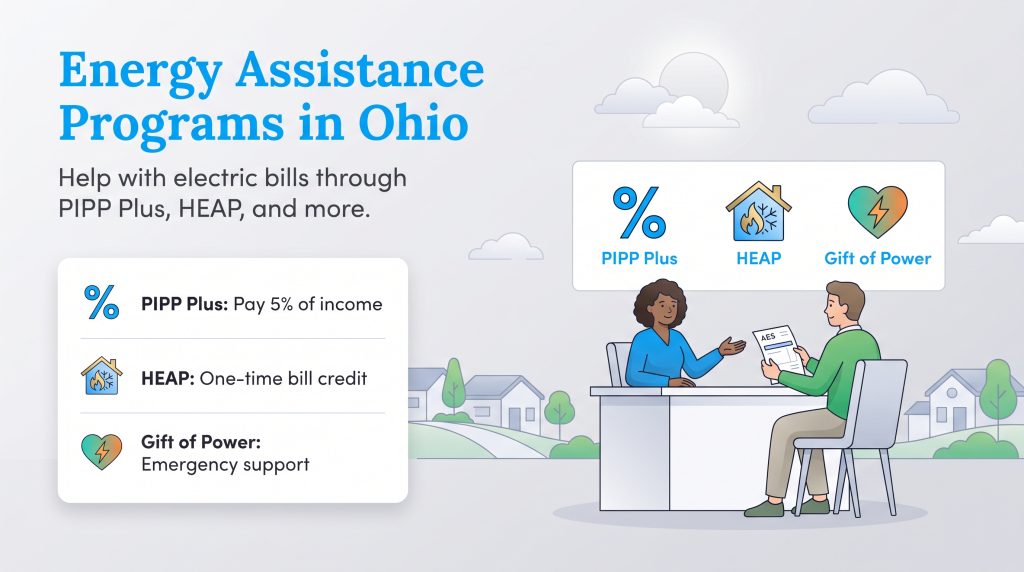 An illustration outlining Ohio energy assistance programs like PIPP Plus and HEAP.