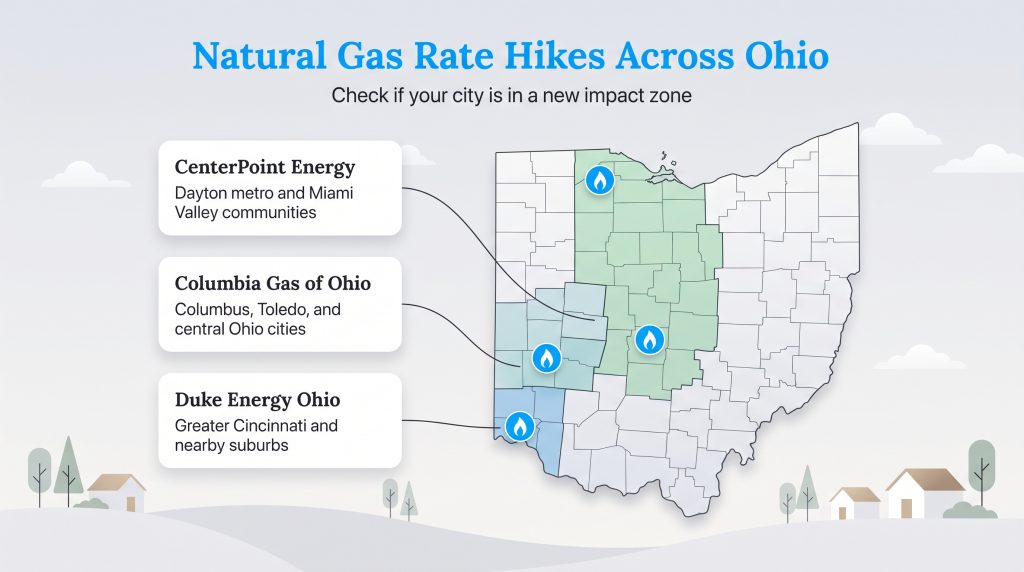 Ohio map shows natural gas rate hike zones for CenterPoint, Columbia Gas, and Duke Energy.