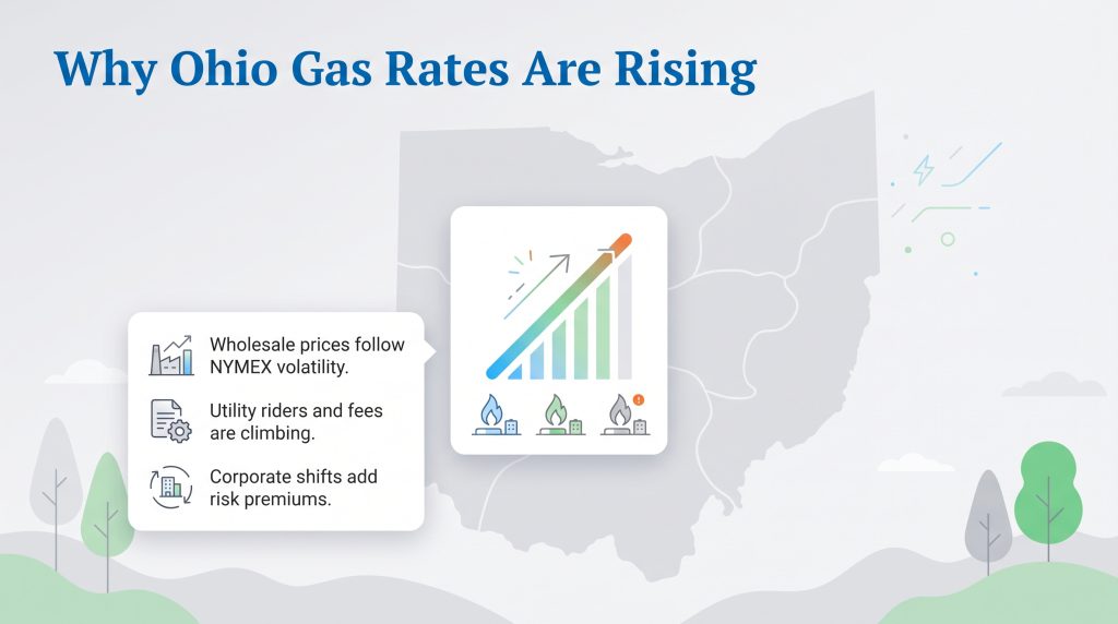 Infographic detailing that Ohio gas rates are rising due to NYMEX volatility, climbing utility fees, and corporate shifts.