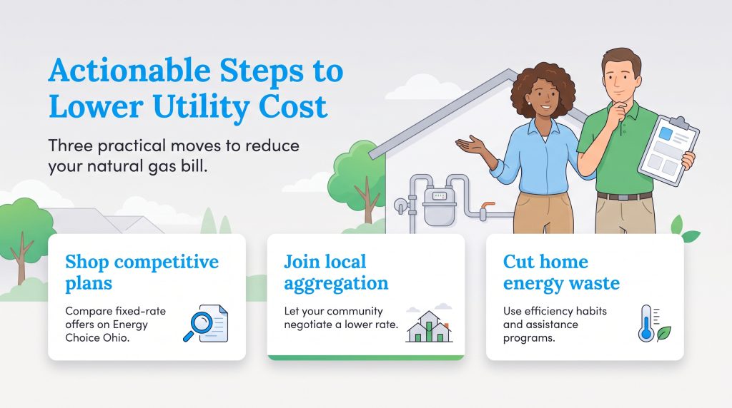Infographic with a couple and three cards outlining steps to lower natural gas bills.