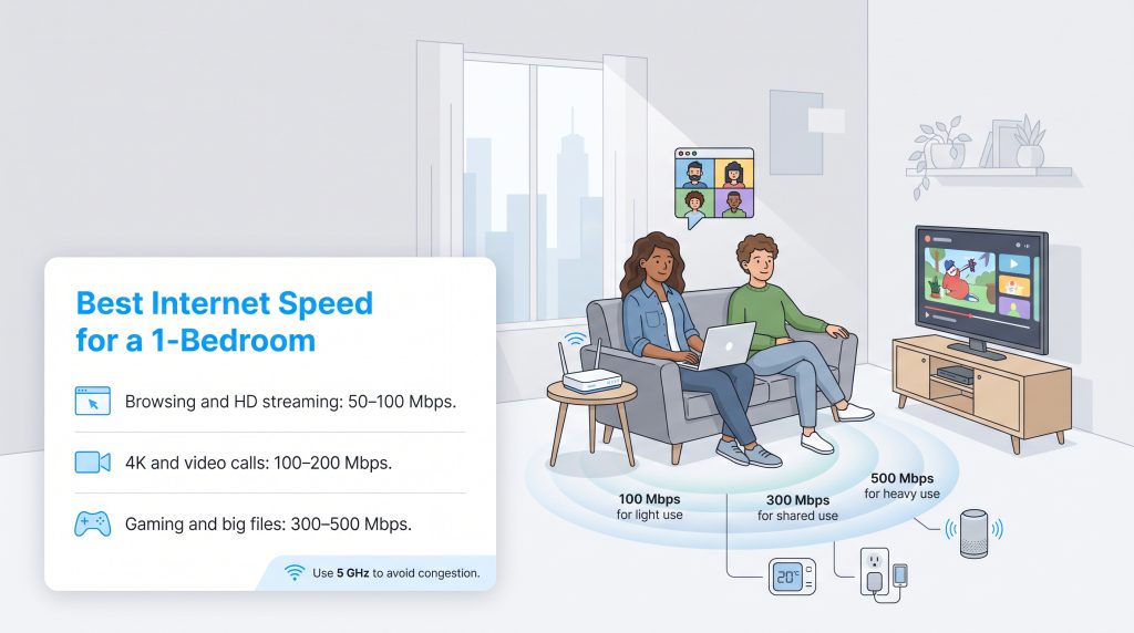 Illustration showing recommended internet speeds for a one-bedroom apartment based on usage.