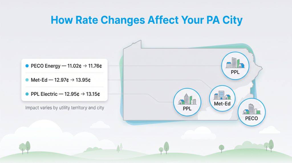 Infographic showing Pennsylvania map and increased default electricity rates for PECO Energy, Met-Ed, and PPL Electric.