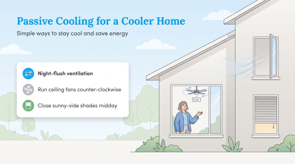 Illustration showing passive cooling methods: open windows, ceiling fans, and closed shades.