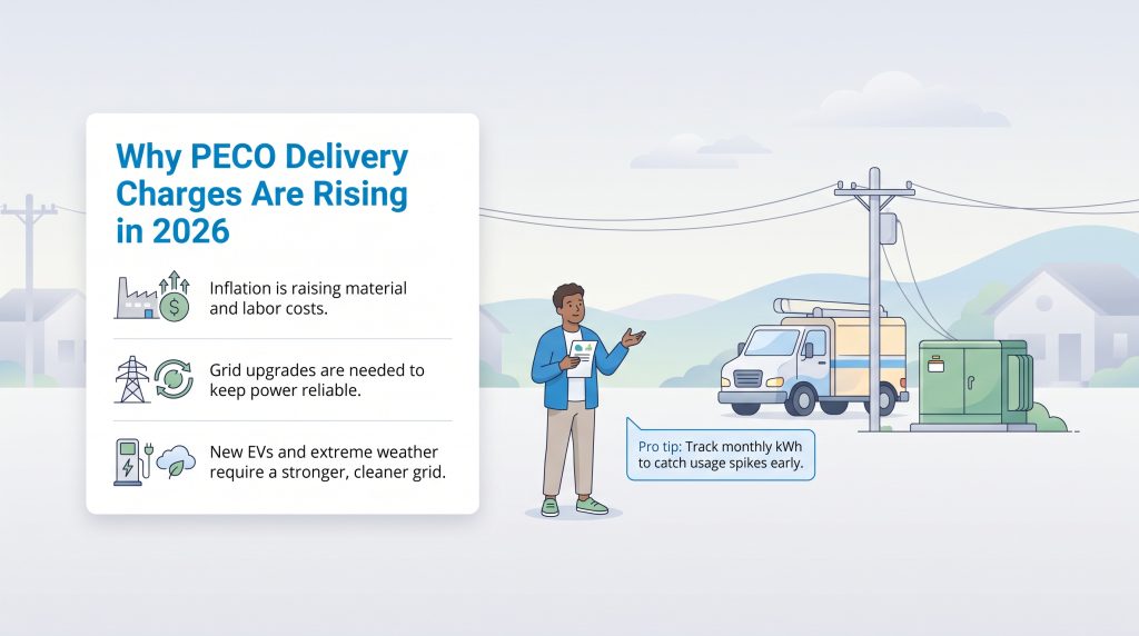 Illustration explaining PECO delivery charge increases due to inflation and grid upgrades.