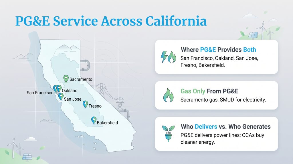 Map of California showing PG and E service types across major cities.