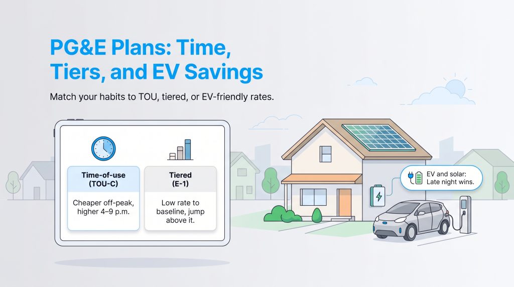 Graphic showing PG&E Time-of-Use and Tiered plan details with a solar and EV-equipped home.