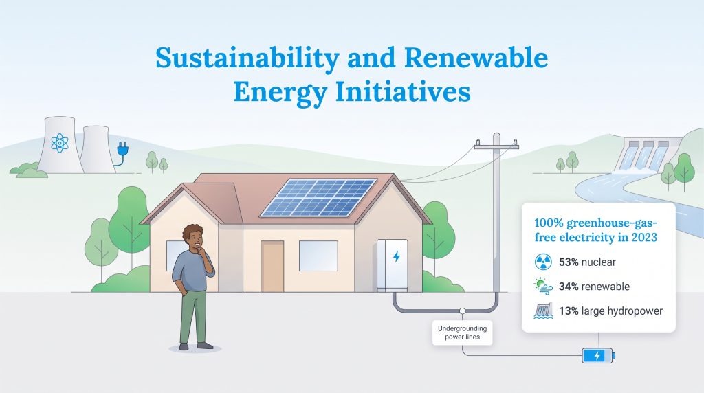 Infographic of clean energy sources with a residential solar home and 2023 power mix stats