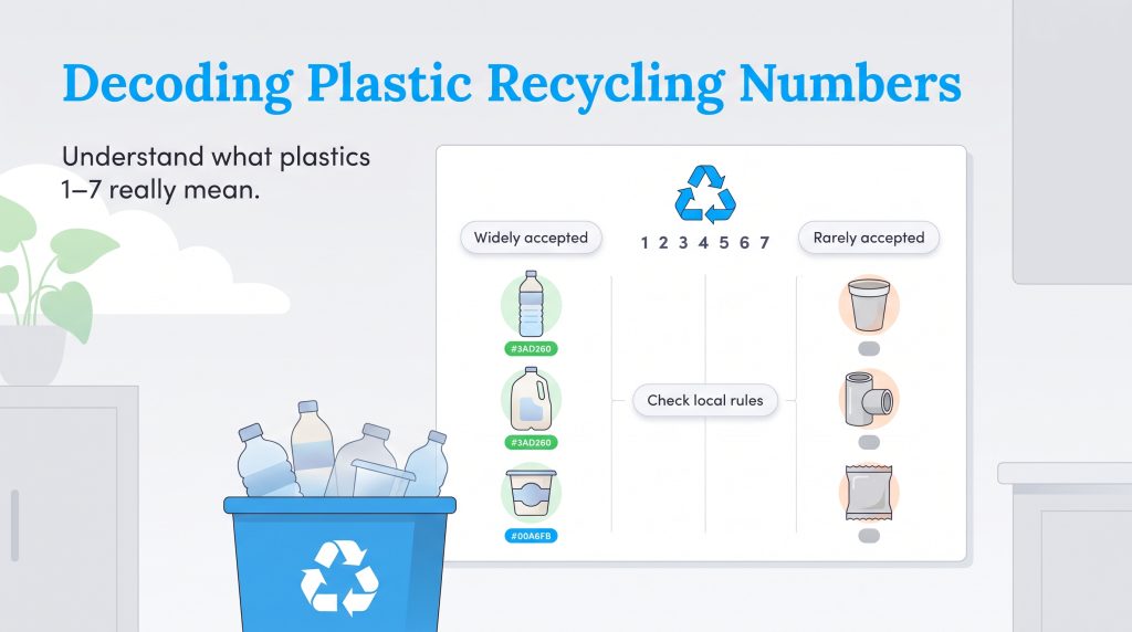 Graphic guide showing which plastic recycling numbers are widely accepted and which are not