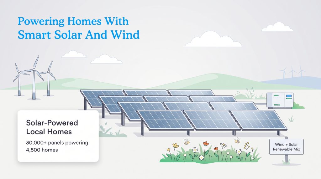 Illustration of a solar farm with wind turbines powering local homes with clean energy