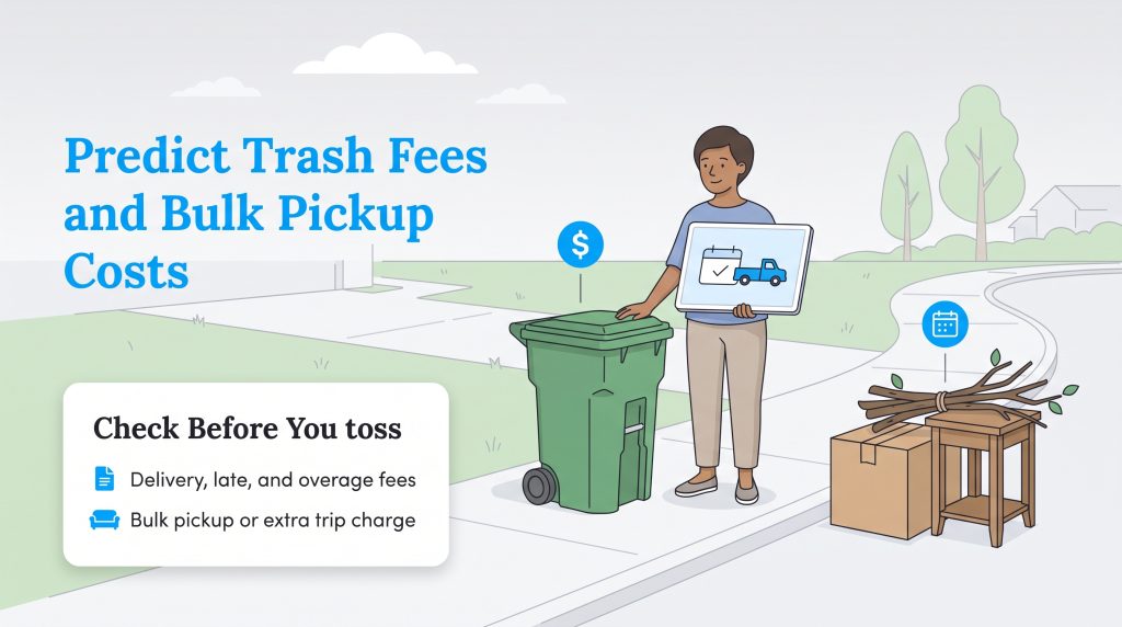 Infographic listing common trash fees to check: delivery, late, overage, and bulk pickup charges.