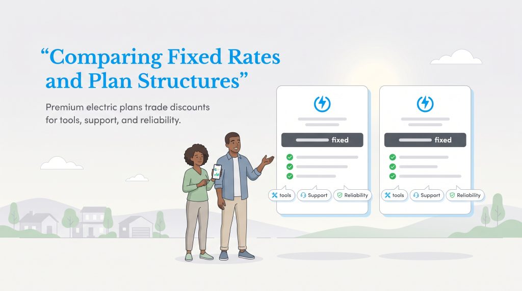 Two people viewing an infographic comparing premium fixed-rate electric plans with added benefits.